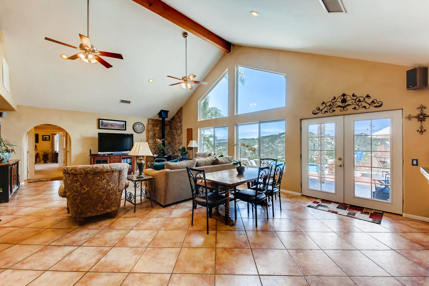 The formal dining room with a long table